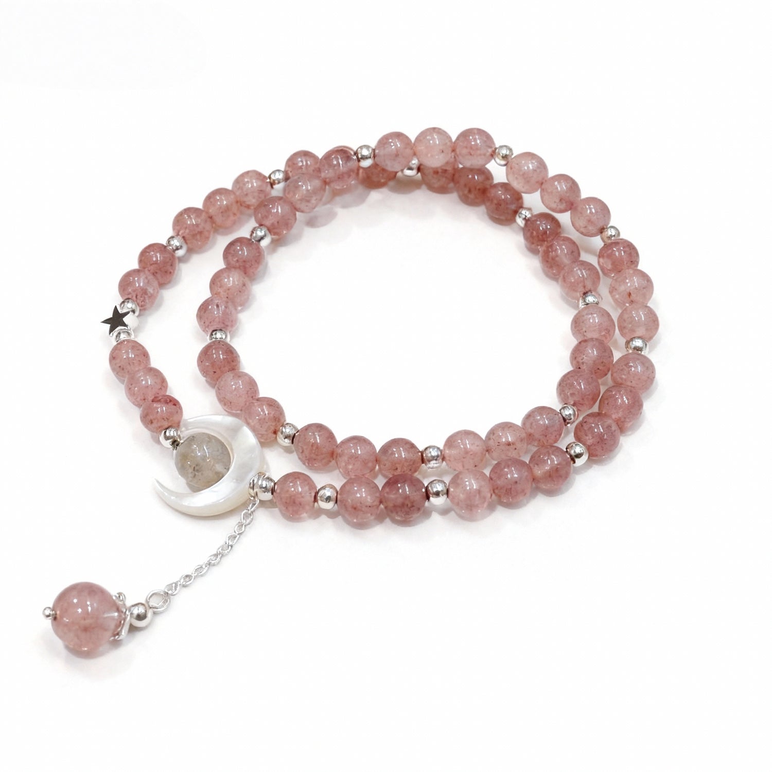 Celestial Embrace: Strawberry Quartz & Moon Shell Charm Bracelet