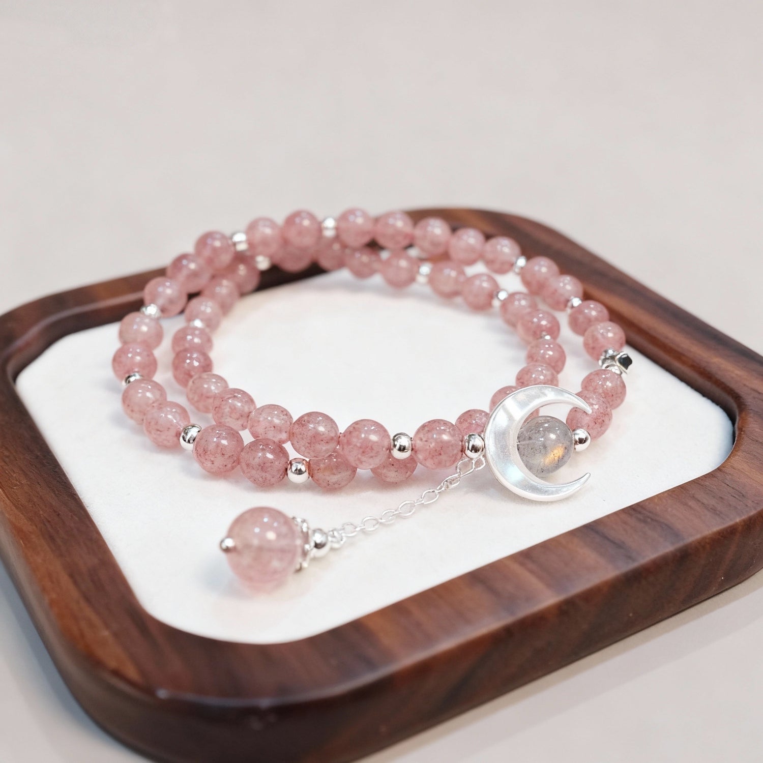 Celestial Embrace: Strawberry Quartz & Moon Shell Charm Bracelet