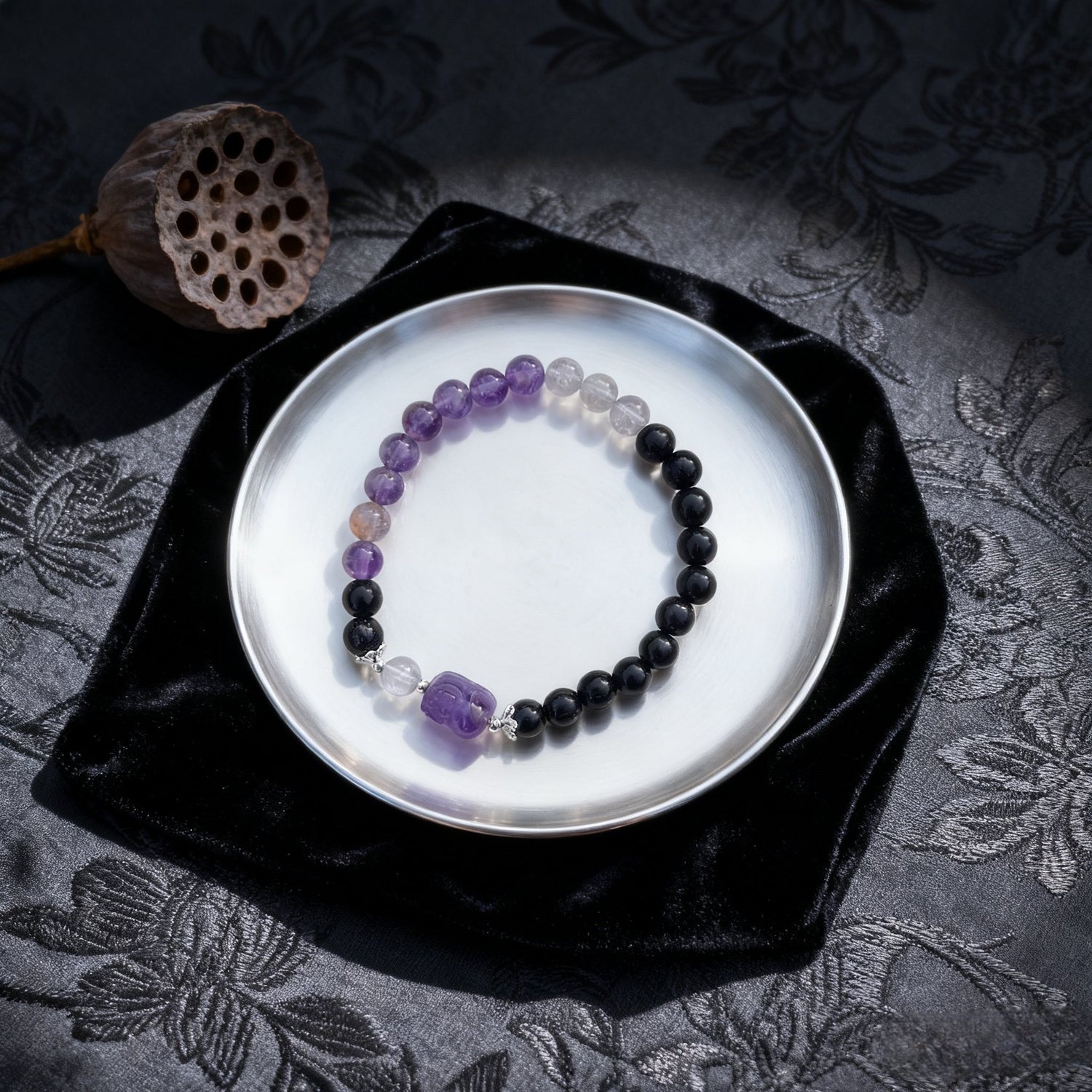 Amethyst & Obsidian Pi Xiu Bracelet: Dual-Guardian Stones
