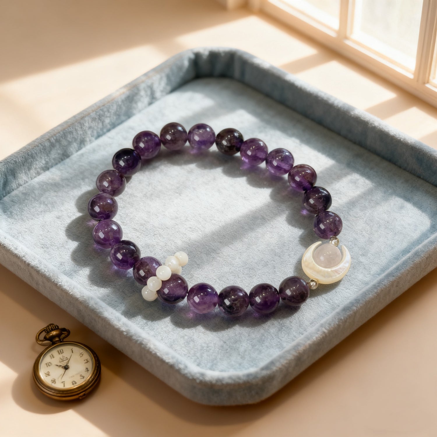 Amethyst Moon Shell Bracelet - Lunar Intuition & Spiritual Elegance