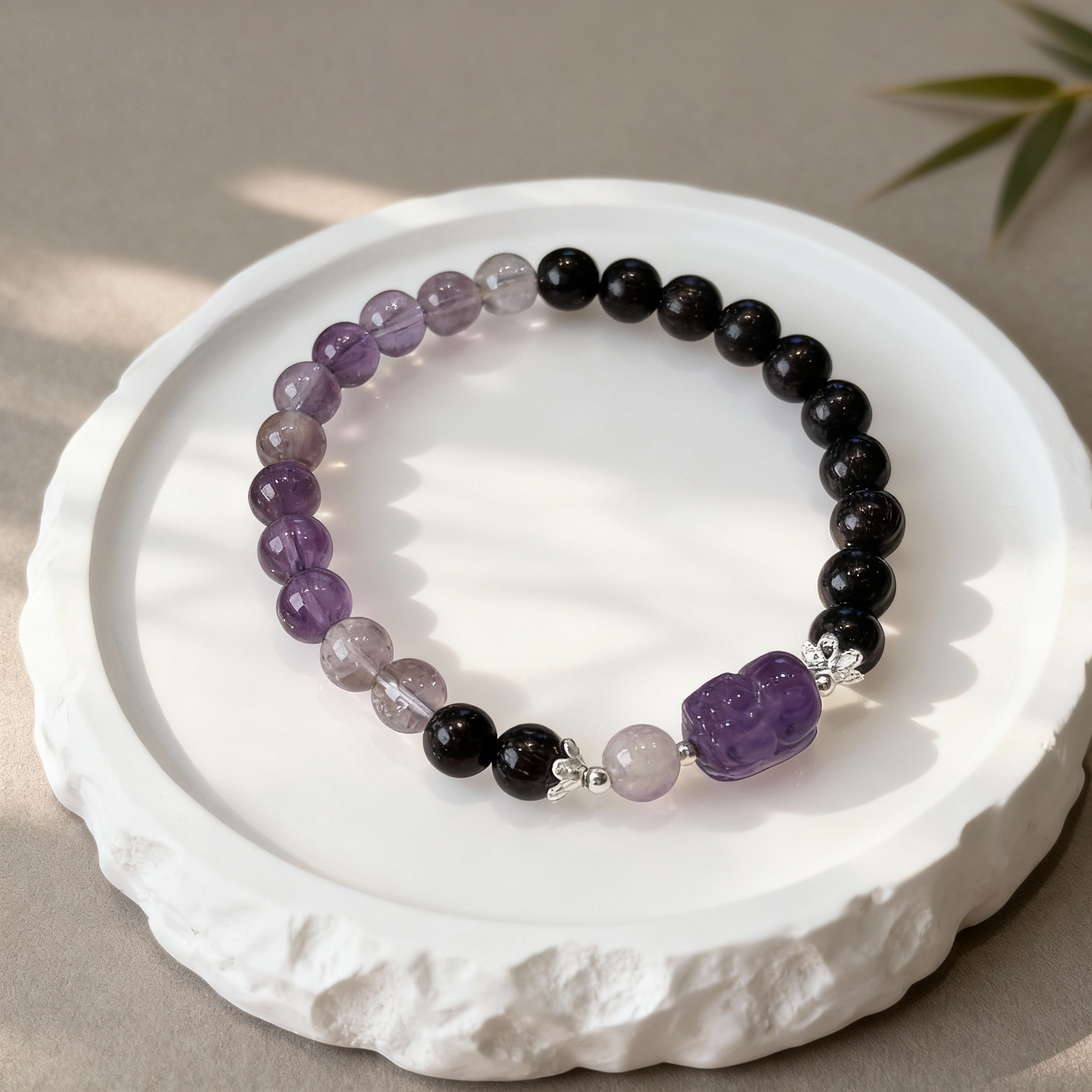 Amethyst & Obsidian Pi Xiu Bracelet: Dual-Guardian Stones